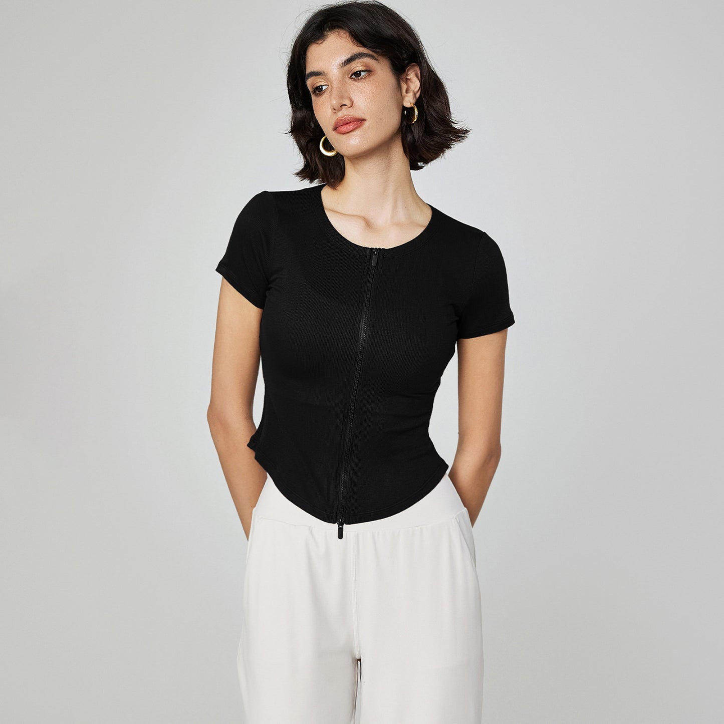 Modal Seamless Workout Tee Women Slim Fit Zip Neck Yoga Fitness Top