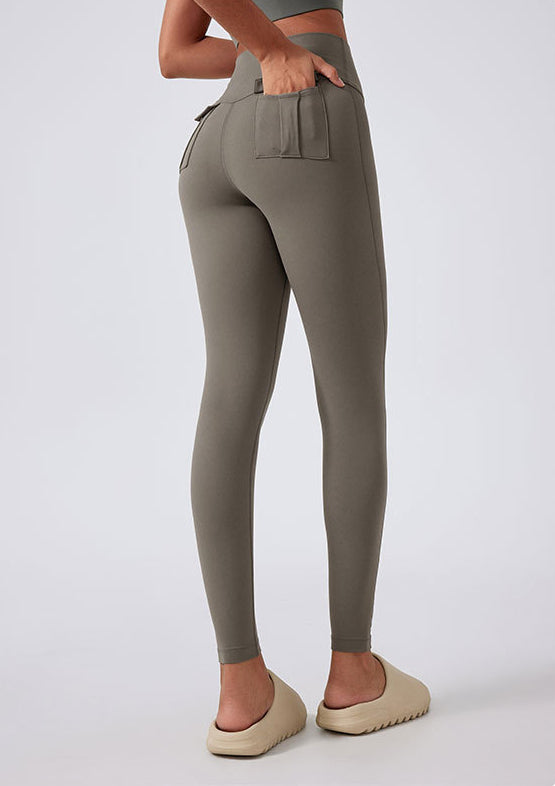 High Waist No Front Seam Yoga Pants Cargo Pocket Biking Running Workout Trousers