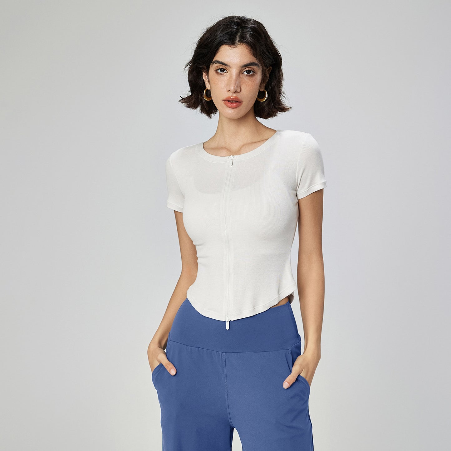 Modal Seamless Workout Tee Women Slim Fit Zip Neck Yoga Fitness Top
