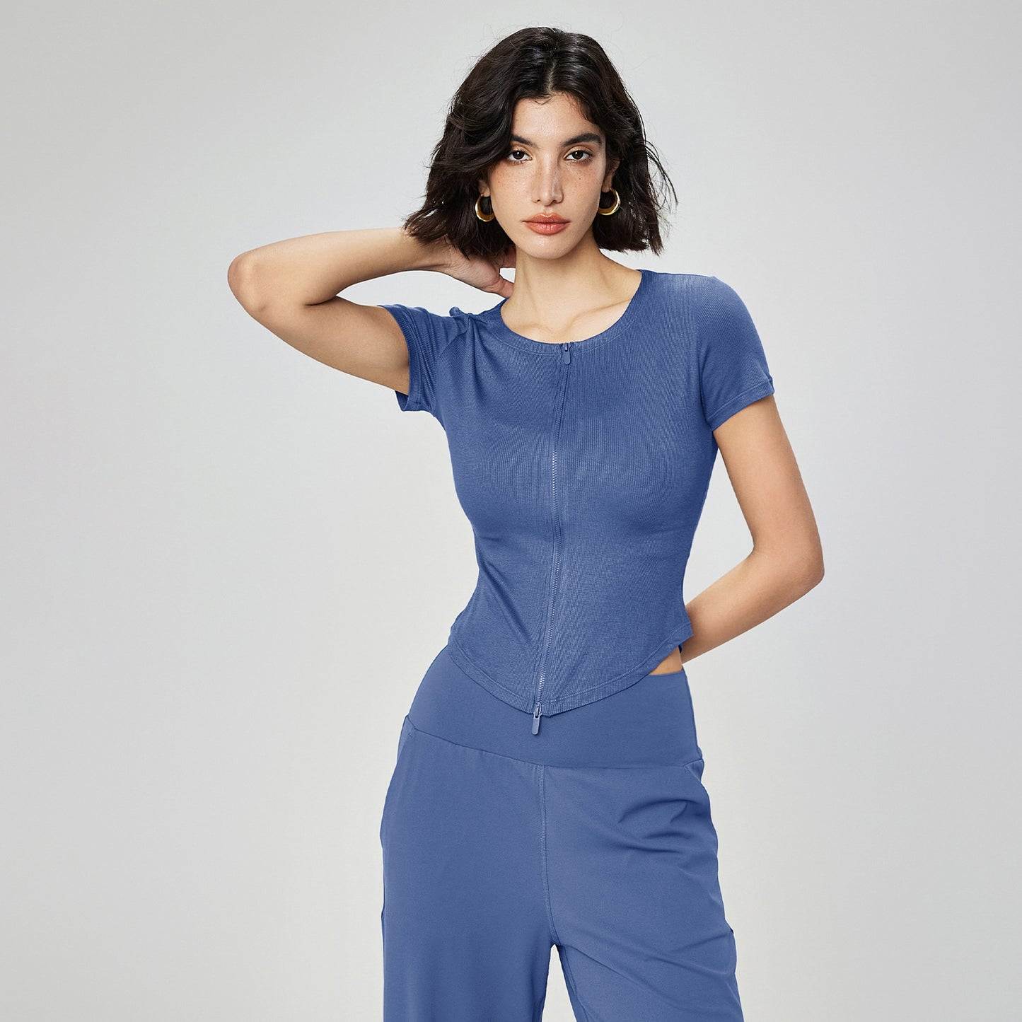 Modal Seamless Workout Tee Women Slim Fit Zip Neck Yoga Fitness Top