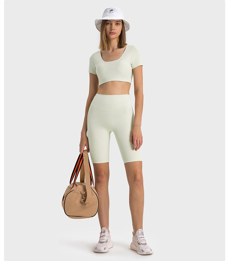 Ribbed High Waist Yoga Shorts Peach Booty Running Workout Capris