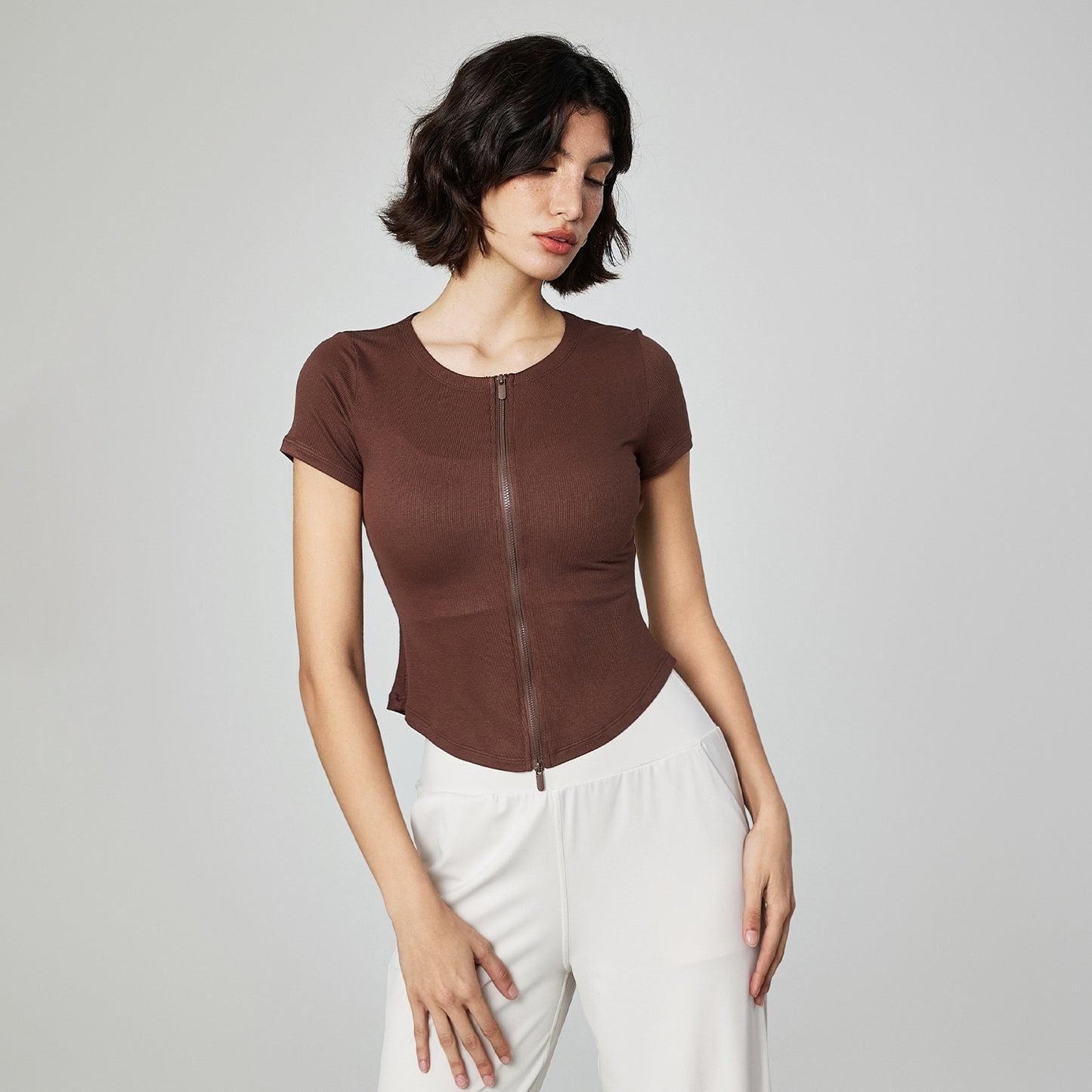 Modal Seamless Workout Tee Women Slim Fit Zip Neck Yoga Fitness Top