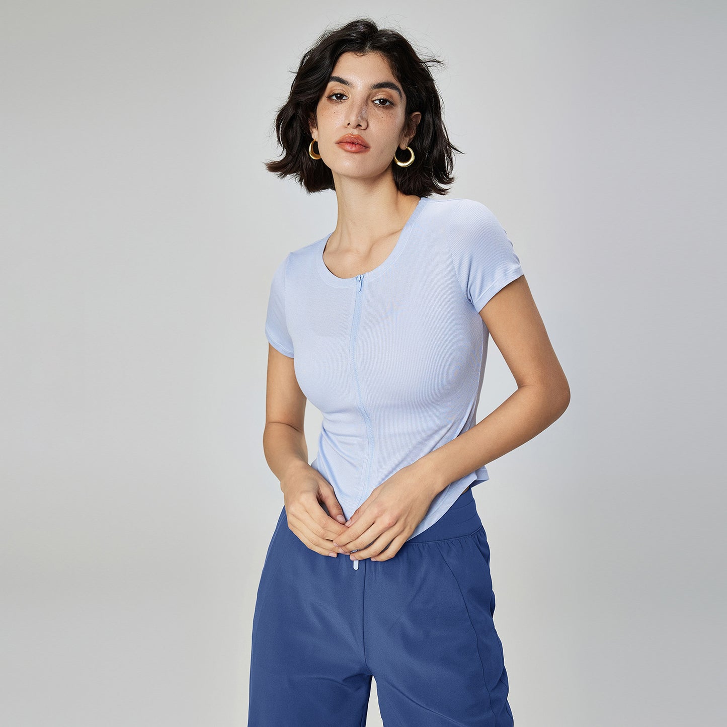 Modal Seamless Workout Tee Women Slim Fit Zip Neck Yoga Fitness Top
