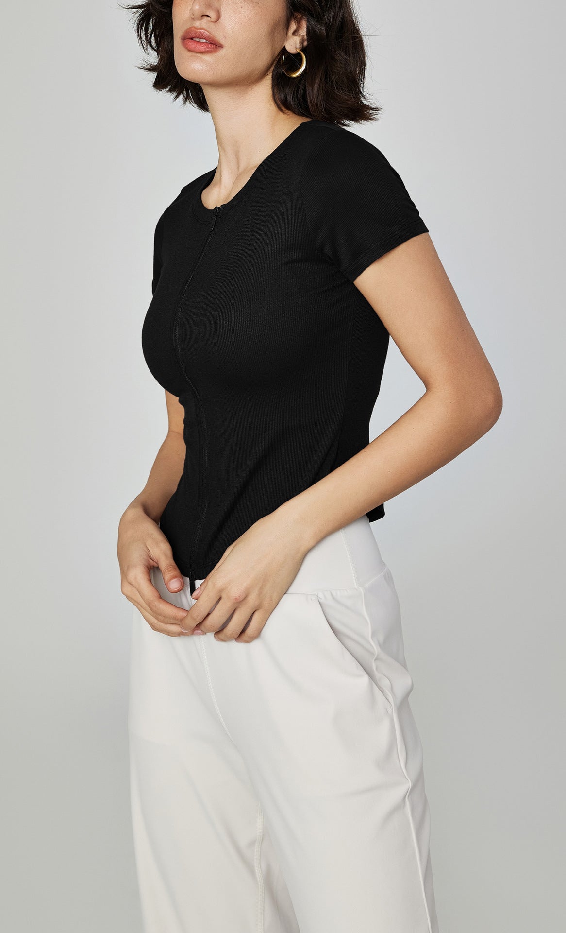 Modal Seamless Workout Tee Women Slim Fit Zip Neck Yoga Fitness Top