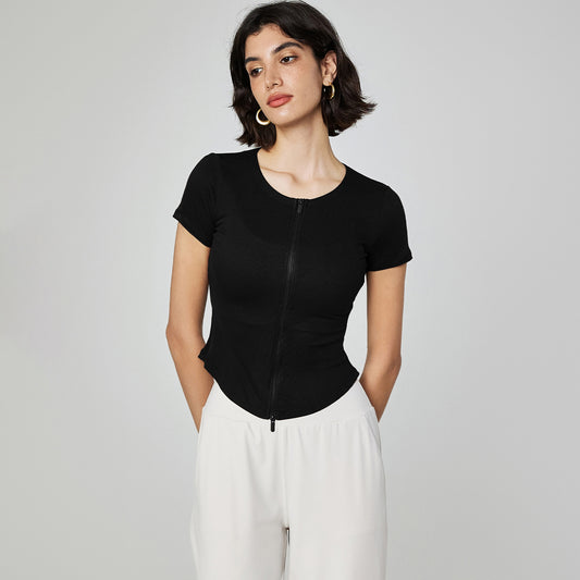 Modal Seamless Workout Tee Women Slim Fit Zip Neck Yoga Fitness Top