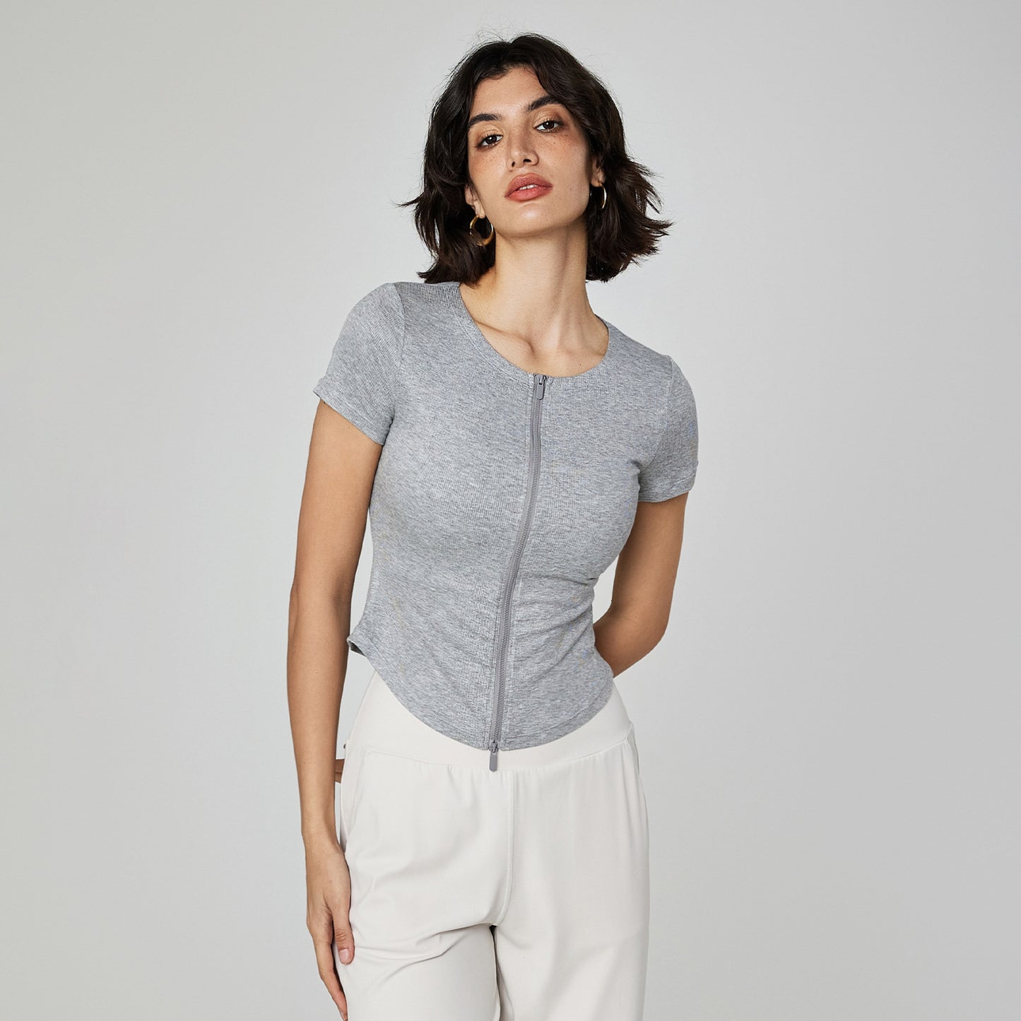 Modal Seamless Workout Tee Women Slim Fit Zip Neck Yoga Fitness Top